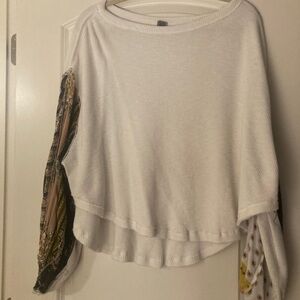 White Long Sleeve Top with Patterned Sleeves